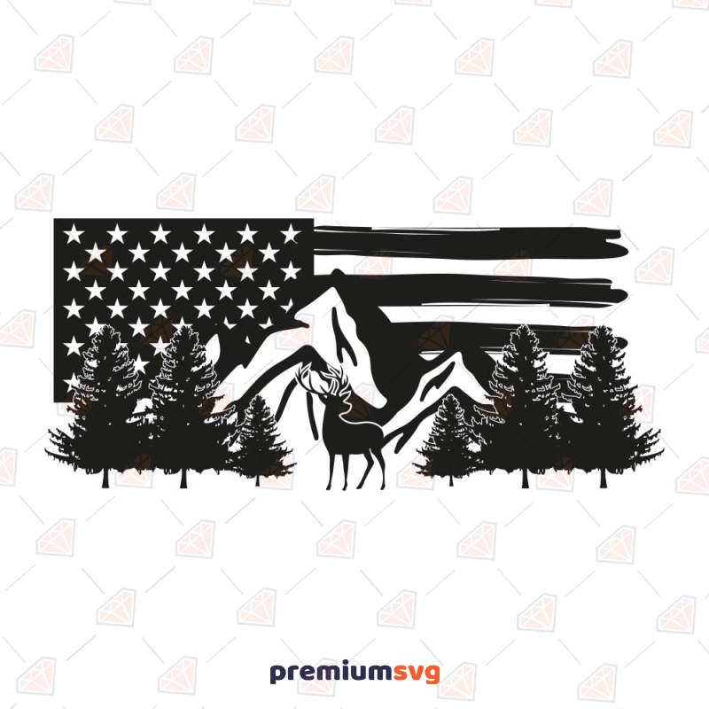 Distressed American Flag SVG, Deer with Mountain SVG USA SVG Svg