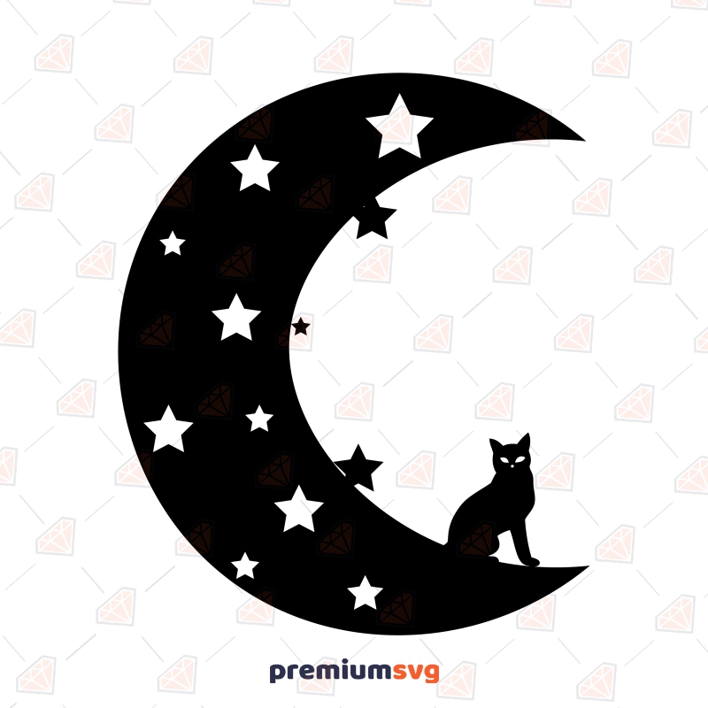 Halloween Crescent Moon with Cat and Stars SVG, Cat and The Moon SVG Halloween SVG Svg