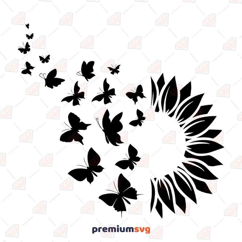Black Sun Flower with Butterflies SVG Design Plant and Flowers SVG Svg