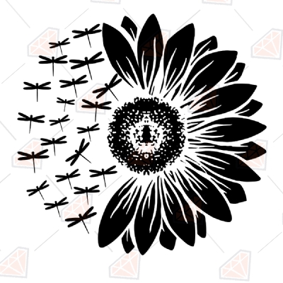 Half Sunflower with Dragonfly SVG | Half Sunflower Instant Download Sunflower SVG