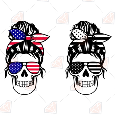 American Skull Mom SVG, Messy Bun Usa Flag SVG Messy Bun SVG