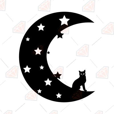 Halloween Crescent Moon with Cat and Stars SVG, Cat and The Moon SVG Halloween SVG