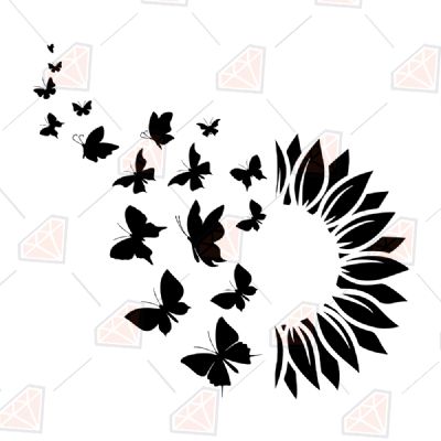 Black Sun Flower with Butterflies SVG Design Plant and Flowers