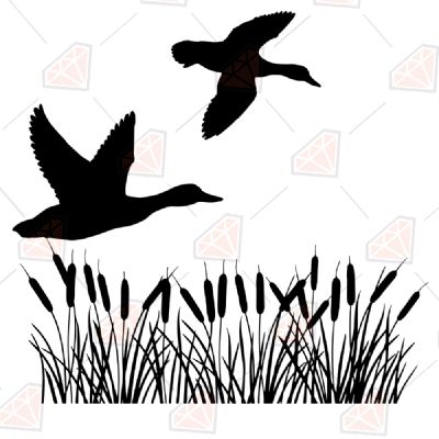 Flying Mallard Duck and Reeds Svg Landscapes