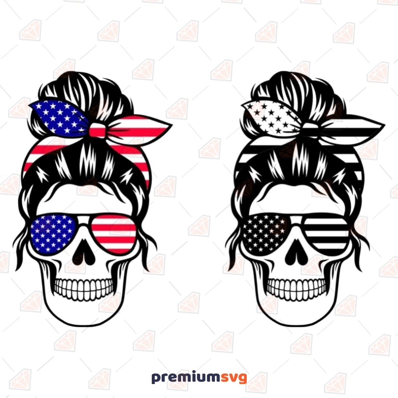 American Skull Mom SVG, Messy Bun Usa Flag SVG Messy Bun SVG Svg