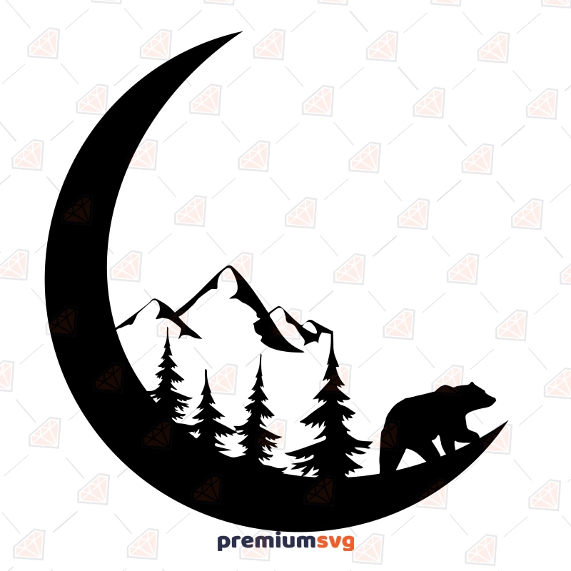 Bear Moon SVG, Bear Landscape Clipart SVG Instant Download Drawings Svg