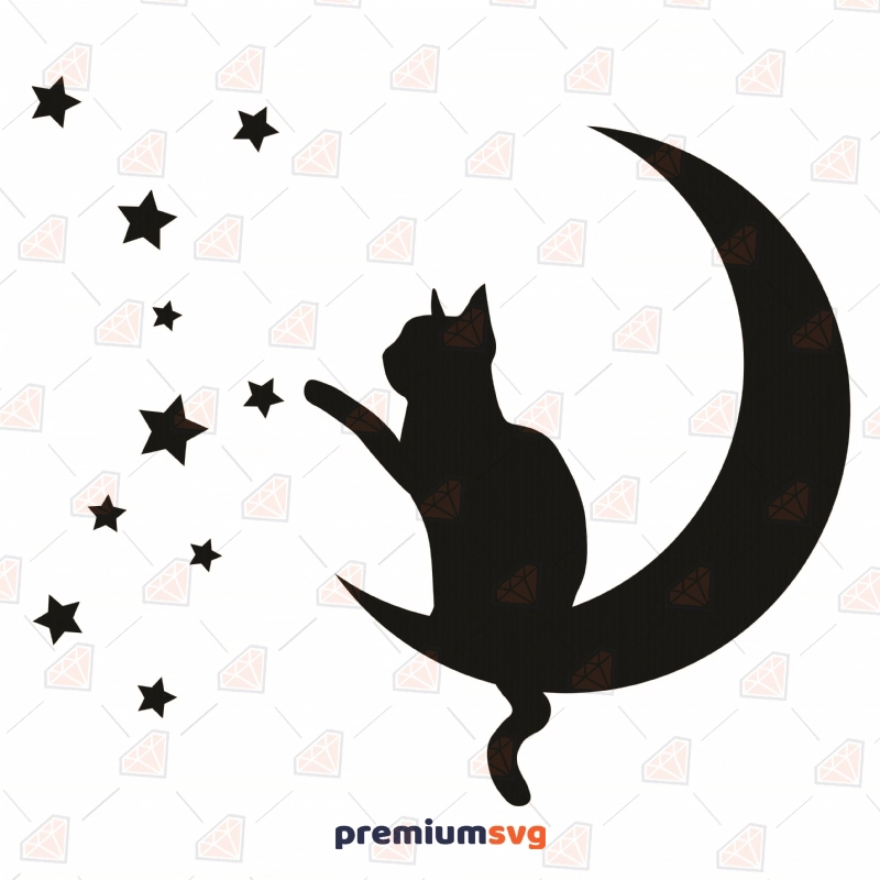 Cat Over Moon Touching Stars SVG Cut Files, Cat and Stars SVG Drawings Svg