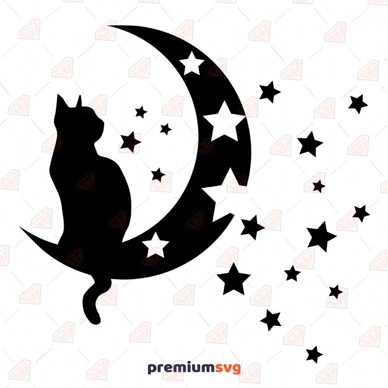 Cat Over Moon with Star SVG Cut File, Cat On the Moon with Stars Vector Files Drawings Svg
