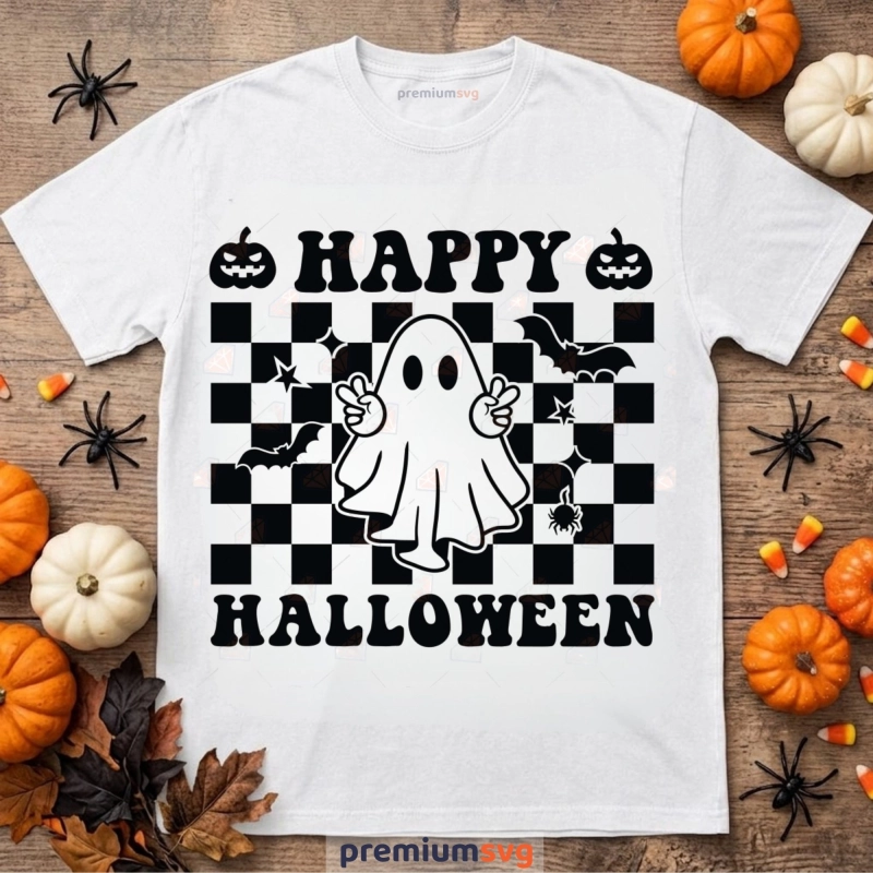 Checkered Happy Halloween SVG on a white t-shirt with matching Halloween tumblers