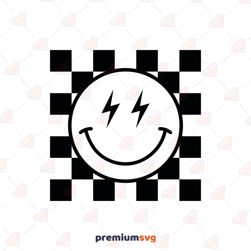 Chekered Lightning Smile Face SVG, Retro Bolt Smile SVG Instant Download Vector Illustration Svg