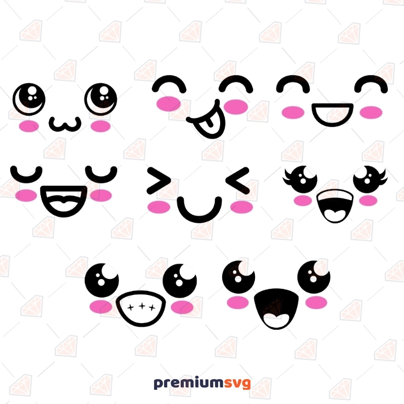 Kawaii Expressão Rosto Feliz Bonito Royalty Free SVG, Cliparts