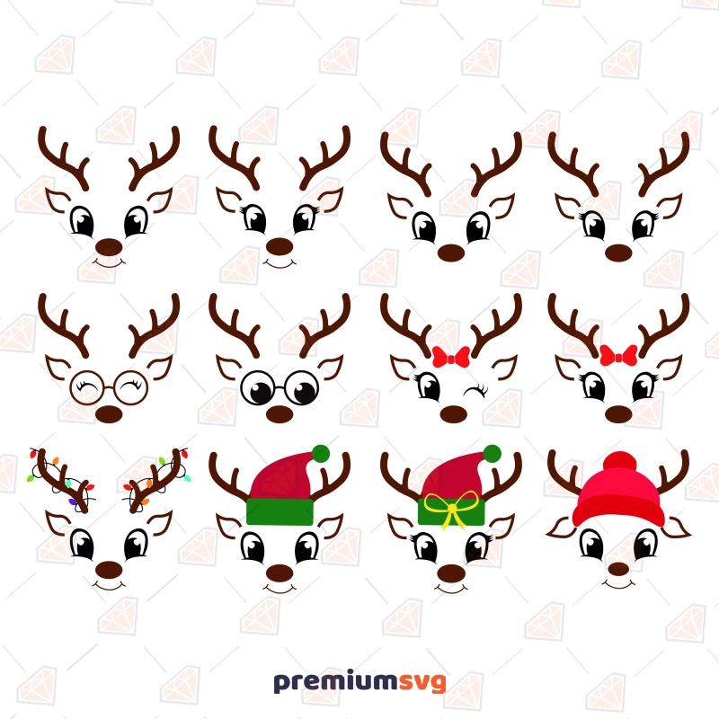 Cute Reindeers SVG Bundle, Reindeer Face Clipart Bundle SVG Vector Files Christmas SVG Svg