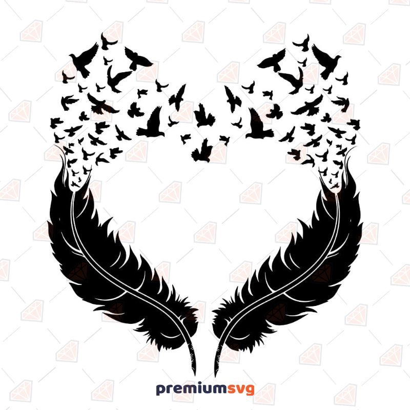 Feather Heart SVG, Feather with Birds SVG Cut File Drawings Svg