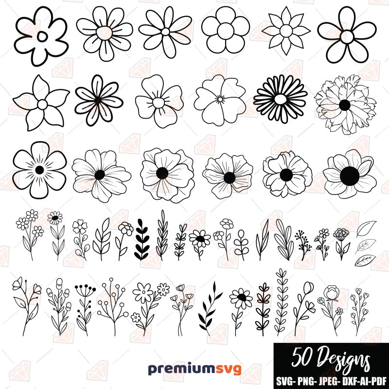 Flower Outline Bundle SVG, Floral Bundle SVG Instant Download Flower SVG Svg