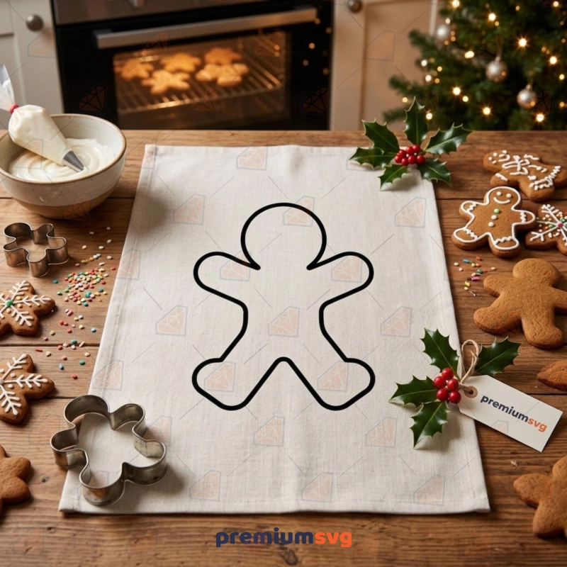 Gingerbread man outline SVG clipart for cookies, kitchen towels, and gift tags