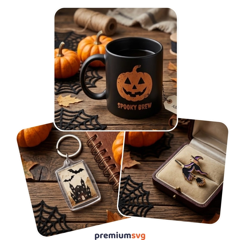 Halloween SVG bundle shown on a mug, keychain, and coaster