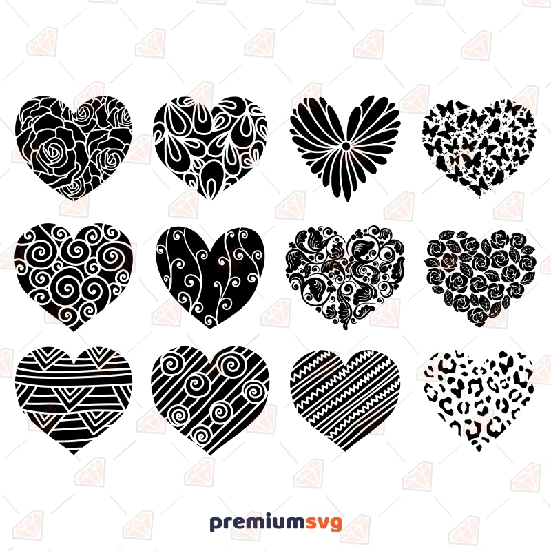 12 Heart Stencils SVG, Printable Heart SVG Design Bundle SVG Svg
