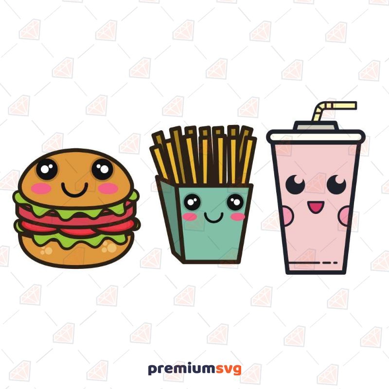 Kawaii Hamburger SVG, Kawaii Fast Food SVG Bundle Instant Download Snack Svg