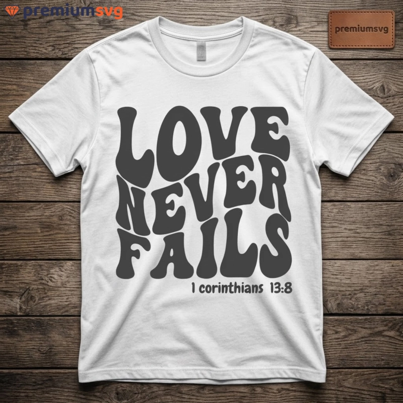 Love Never Fails SVG design for shirts, mugs, and totebags