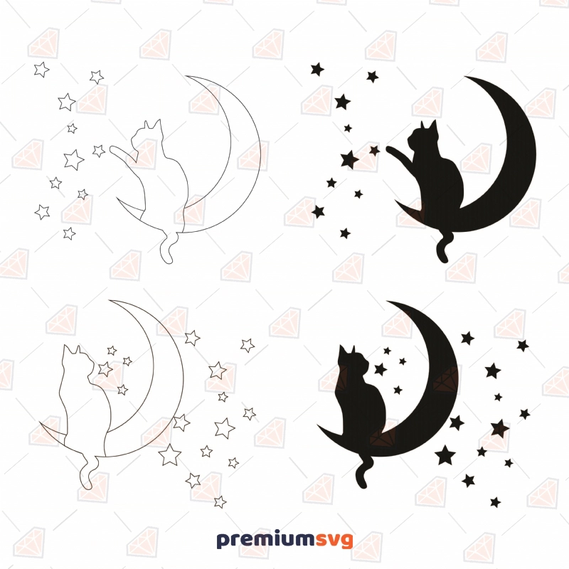 Moon and Cats Silhouette SVG Bundle, Cat On the Moon Bundle SVG Instant Download Drawings Svg