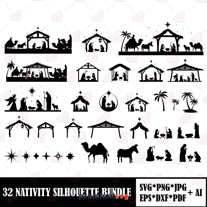 Nativity Scene SVG Bundle, 32 Nativity Silhouette SVG Instant Download Christmas SVG Svg