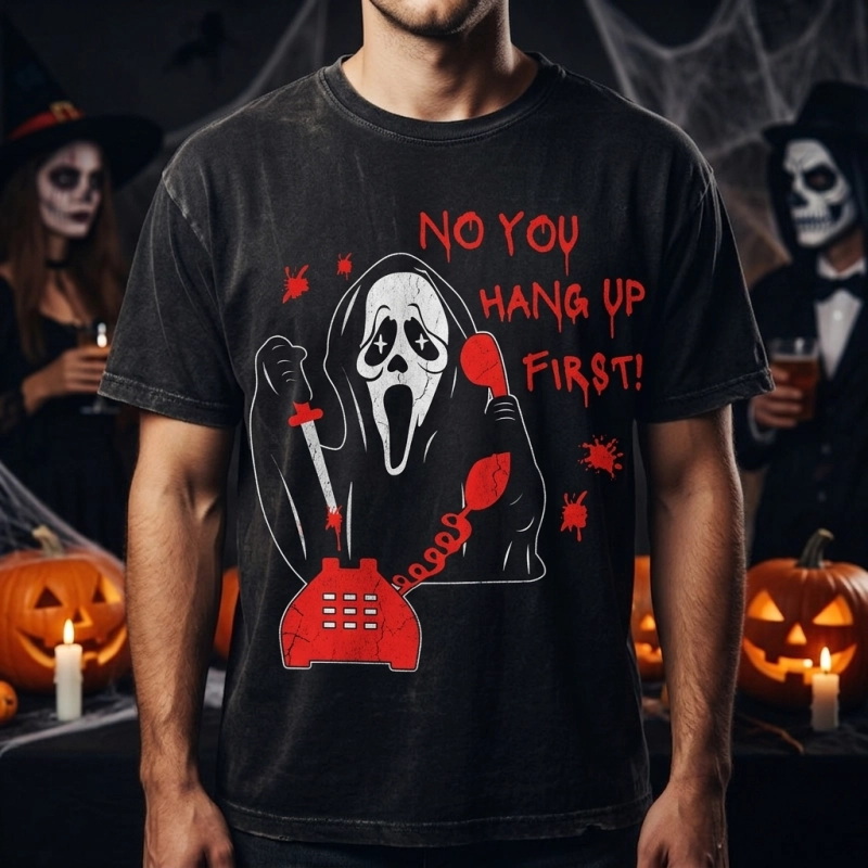 Scream Hang Up funny Halloween SVG on a black t-shirt