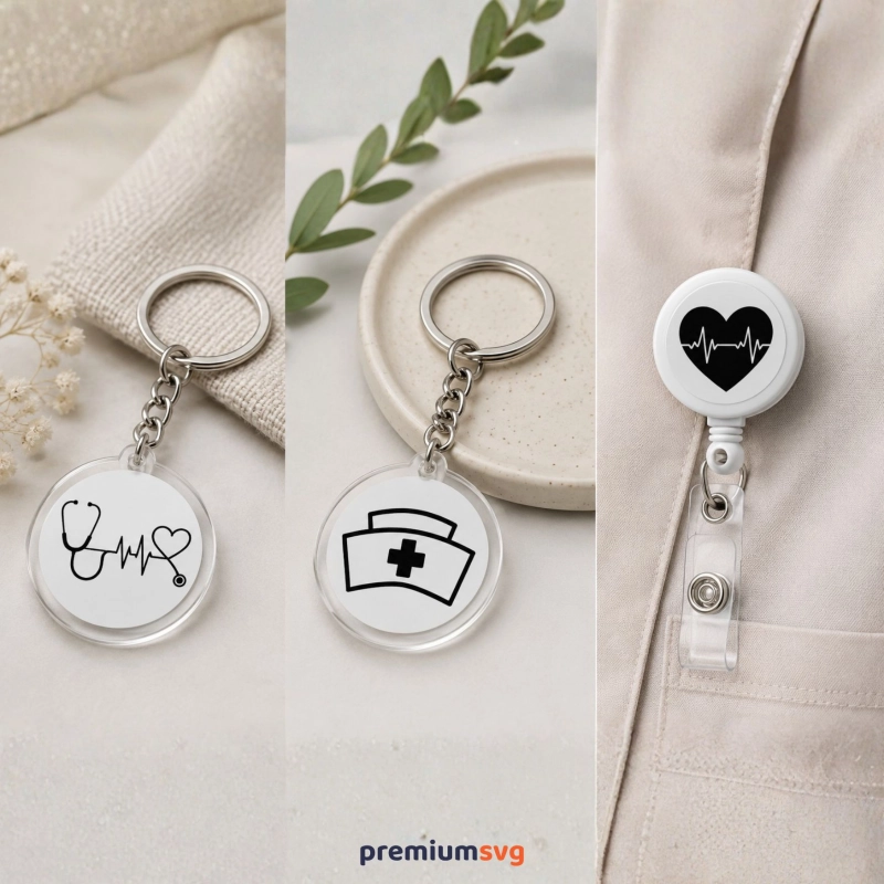 Nurse keychain and badge reel designs made with Cricut
