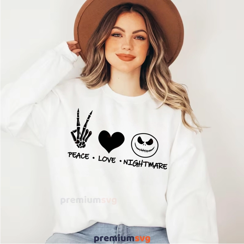 Peace Love Nightmare SVG on a white Halloween sweatshirt