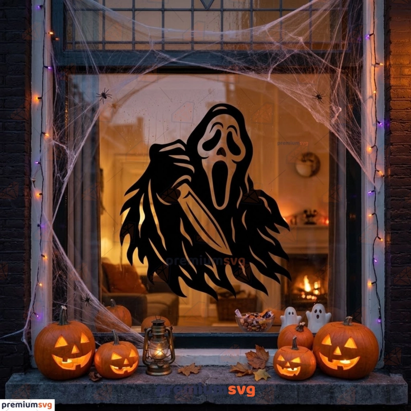 Scream GhostFace with knife SVG as a Halloween window decoration