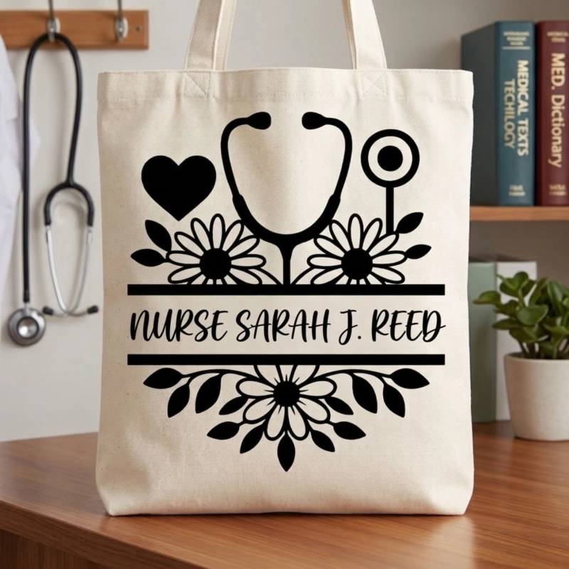 Floral stethoscope nurse tote bag made with Cricut