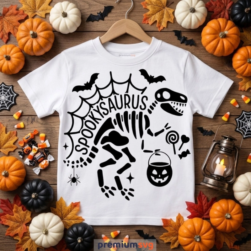 Spookysaurus dinosaur Halloween SVG on a kids t-shirt