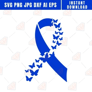 Blue Ribbon SVG with Butterflies, Ankylosing Spondylitis SVG Svg