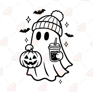 Cute Ghost with Pumpkin and Coffee SVG Halloween SVG