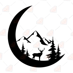 Deer Moon Silhouette SVG Vector Design, Trees And Moon SVG Clipart