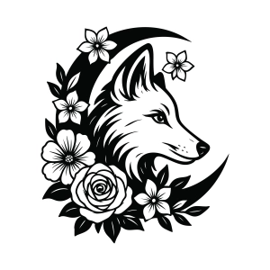 Floral Moon Wolf SVG, Wolf with Flower and Moon SVG Wild & Jungle Animals SVG