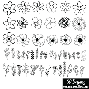 Black Flowers SVG File, Flowers Clipart SVG Instant Download