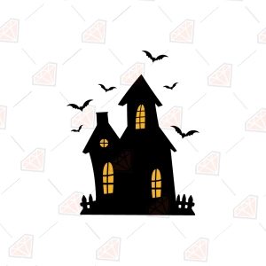 Free Haunted House Silhouette SVG, Spooky House with Bats Cut File