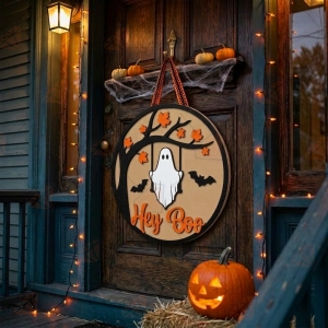 Hey Boo Door Hanger SVG – Halloween Ghost Round Sign Cut File